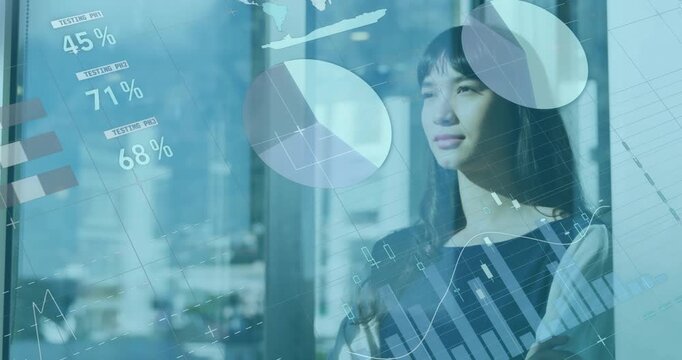 Corporate woman entering frame, INDEX VAR sliding, gazing as charts merging for business analytics