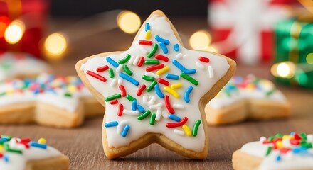 Star-Shaped Christmas Cookie with White Icing and Colorful Sprinkles