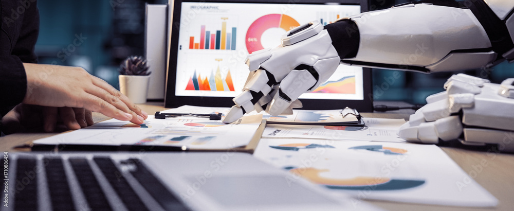 Poster a robotic hand participates in business analysis, interacting with documents and digital displays fi