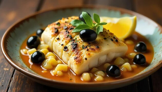 Traditional bacalhau &agrave; Br&aacute;s served hot on rustic ceramic plate with black olives and lemon wedges 