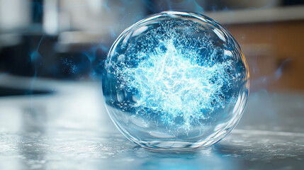 Glowing blue energy sphere hovers above reflective surface, emitting mystical aura. intricate patterns within orb suggest futuristic or magical theme, captivating viewer imagination