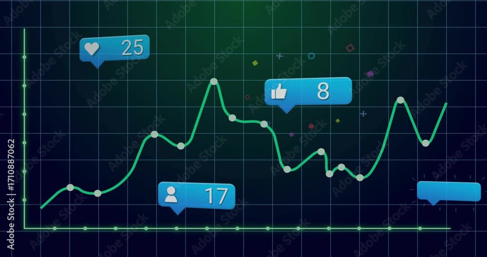 Poster green line lifting from baseline undulating across grid displaying reaction icons showing growth