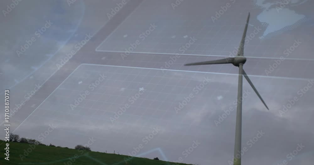 Poster digital ui appearing on hill starting wind turbine spinning slowly clockwise showing power output