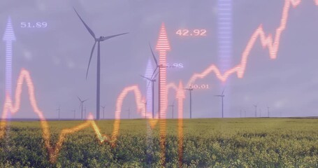 Line graph fading in over wind turbines, bars rising and arrows ascending, showing energy trend - Powered by Adobe