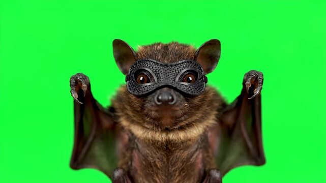 Bat in Superhero Mask on Green Screen - Close-up shot of a brown bat wearing a tiny black eye mask, set against a bright green chroma key background.
