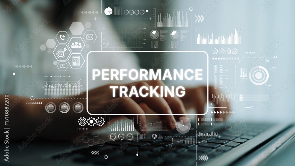 Poster modern digital concept of performance tracking and data analysis with overlay graphics and user inte