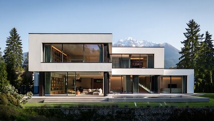 Luxury modern villa with mountain views and serene reflecting pool