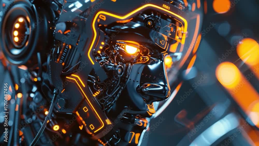 Poster a close-up view of a robot's head with glowing components, ideal for use in futuristic or sci-fi the