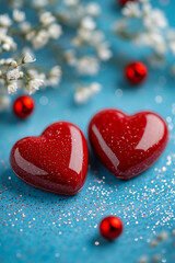 Fototapeta premium Two red hearts on a blue background