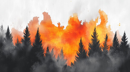 Fototapeta na wymiar Fiery wildfire engulfing a forest silhouette against a dramatic watercolor background