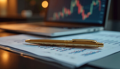 Photo shows stock chart. Golden pen lies on paper. Laptop displays stock data on screen. Workspace analysis, investment, tech trend, market insight. Financial planning, market analysis, economic