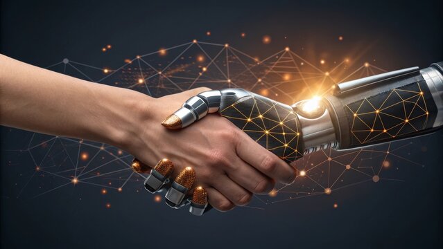 human-robot handshake with a glowing network, representing the future of work and the alliance between human expertise and artificial intelligence technology
