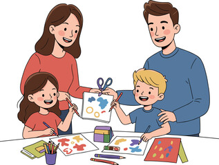 Family arts and crafts, kids painting, parents bonding, creativity, colors, paper cutting, teamwork, fun, childhood learning, home activity, joy