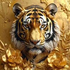 A detailed rendering of a tiger's head, rich in golden tones, framed by elaborate floral embellishments.