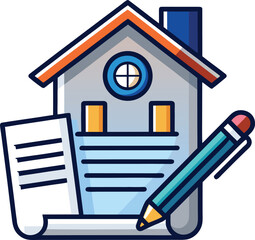 Paper Contract with House Logo and Pen for Real Estate Agreement and Property Deal, Flat Vector Icon on White Background

