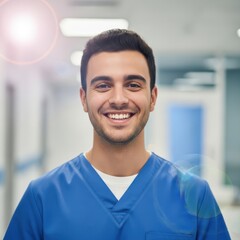 Smiling young male healthcare professional in blue scrubs indoors portrait