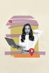 Vertical 3d art pop image collage of happy girl guy stand geolocation icon summer adventure booking navigator map travel