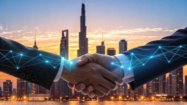 business handshake with a glowing network overlay against a modern city skyline at dusk, representing global corporate partnership and a new era of technology