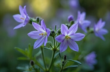 Close-up of purple flowers with six petals and yellow centers. Flowers have green stems and leaves. Background is blurred with shades of green and yellow.