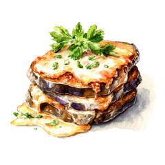 A watercolor painting of Eggplant Parmesan, vector illustration on white background.