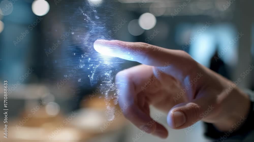 Poster close medium shot capturing a finger interacting with a holographic ar projection showcasing innovat