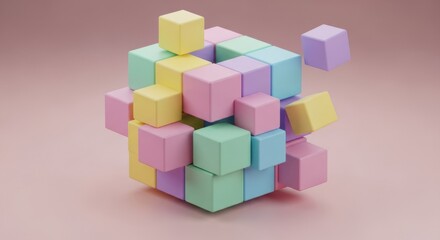 Fototapeta premium Abstract 3D Cube Composed of Pastel Colored Blocks Abstract Geometric Shape