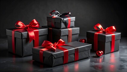 Stacked black gift boxes adorned with red ribbons, creating a sophisticated and elegant presentation against a dark background.