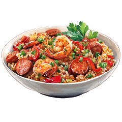 Jambalaya, watercolor painting, vector illustration, isolated on a white background.