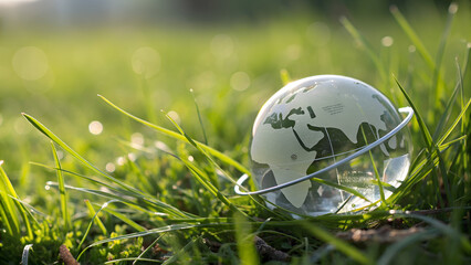 globe on grass, Protecting the green tree world with environment icons on nature background. Ecology and environment concept