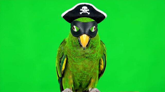 Pirate Parrot on Green Screen - A green parrot wears a pirate hat and eye mask against a bright green chroma key background. The bird is positioned centrally and facing the camera.