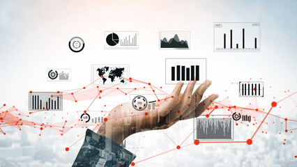 A hand reaches out in a digital environment, showcasing diverse data visualizations, charts, and metrics that represent business growth and analytics trends. Xenic