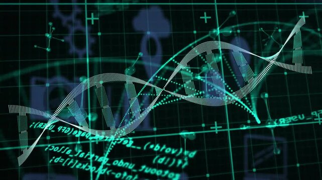 Sequence starting DNA helix floating on grid code streaming linking nodes visualizing genetic map - Powered by Adobe