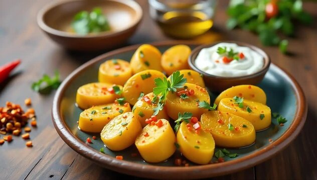 Traditional batata harra resting on ceramic plate with garlic yogurt dip and chili flakes 