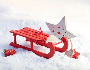 Winter Festive Wooden Sleigh and Star Decorations on Snow