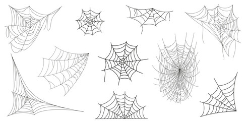 Set of spider web doodles. A scary Halloween theme for frames, banners, party decorations, etc. Outline drawing. Hand-drawn vector illustration on a white background.