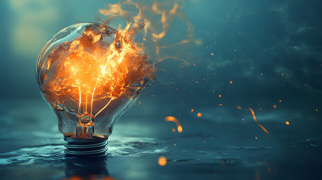 Exploding light bulb with fire and water incandescent