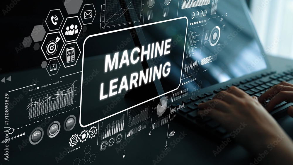 Poster futuristic interface displaying machine learning concepts with data analytics visuals and technology