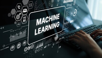 Futuristic interface displaying machine learning concepts with data analytics visuals and technology elements. Asymptotic smart data analytic.