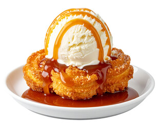 Churros with Vanilla Ice Cream and Caramel Drizzle, Side View, isolated on transparent background png