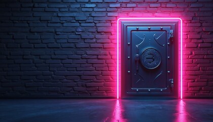 Metallic vault door with bitcoin emblem glows under neon pink light. Brick wall texture and dark floor create moody cyberpunk atmosphere. Digital currency safe house secure storage.