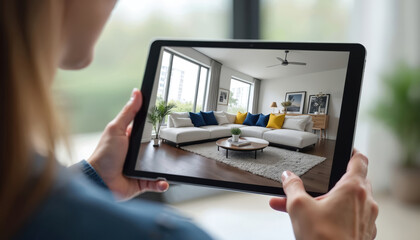 Person holds tablet displaying modern living room interior design. Virtual tour app shows furniture, decor. Augmented reality home staging concept. Digital home renovation idea, choice.