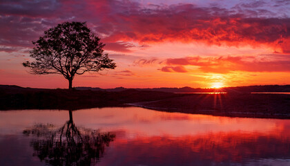 Fototapeta premium Serene Red Sky Sunrise Over Tranquil Water Reflecting A Lone Tree