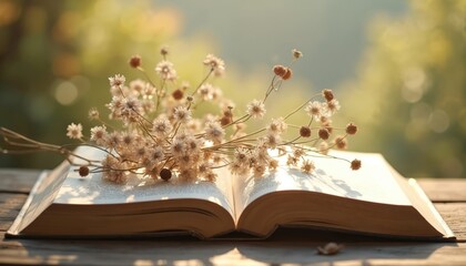 Open book with dried flowers rests on wooden surface. Gentle sunlight bathes scene. Reading enriches lives. Knowledge inspires. Focus on stories, wisdom, memories. Book on desk in garden. Learning