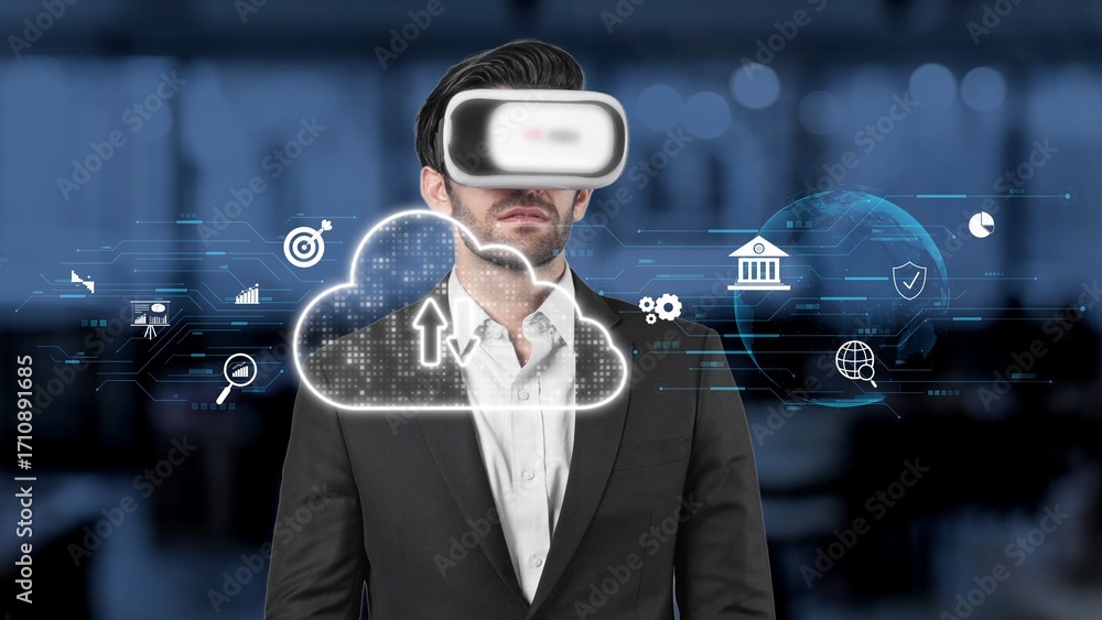 Poster a professional man wearing a virtual reality headset in a modern office illustrates the concept of c