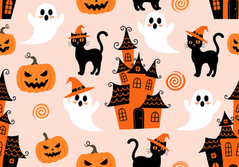 Cute Halloween Pattern with Ghosts, Pumpkins, Black Cats, Haunted Houses