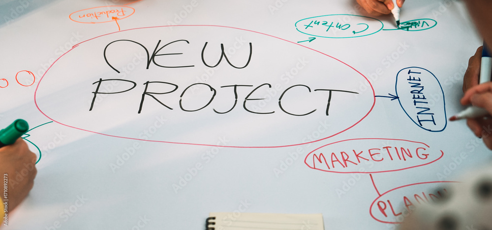 Poster group of individuals engaged in a lively brainstorming session, jotting down ideas for a new marketi