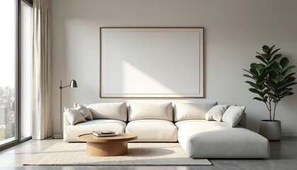Modern living room with sectional sofa, coffee table, floor lamp, and large blank picture frame. Natural light streams in from city view window. Minimalist interior design.