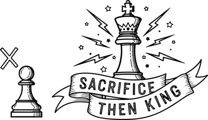 Sacrifice Then King – Chess Strategy Illustration with Pawn, Lightning, and Crowned King Symbol