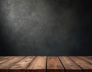 Wood table surface with dark texture backdrop. Empty wooden counter background for product presentation. Plank tabletop in rustic style. Timber boards for display. Surface concept on wood.