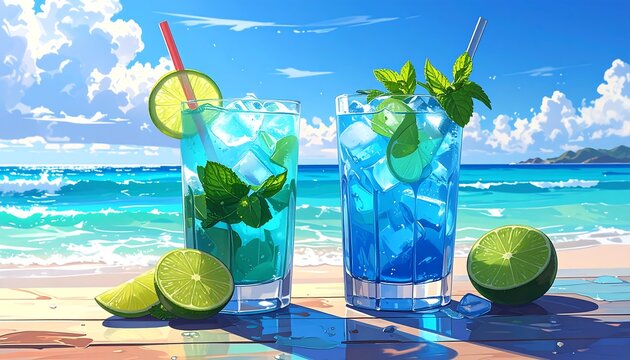 Two vibrant blue cocktails, garnished with lime and mint, sit on a beachside wooden surface, against a backdrop of a sunny azure ocean and sky.